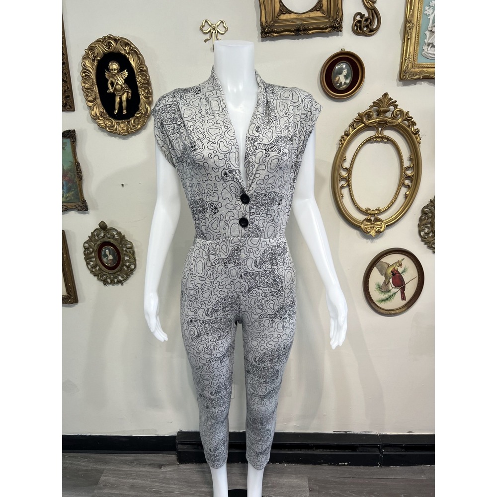 Nooworks Gray Black Leopard Cat Animal Print Cap Sleeve Button Jumpsuit Size XS